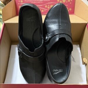 Dansko Black Leather Buckle Slip-Ons